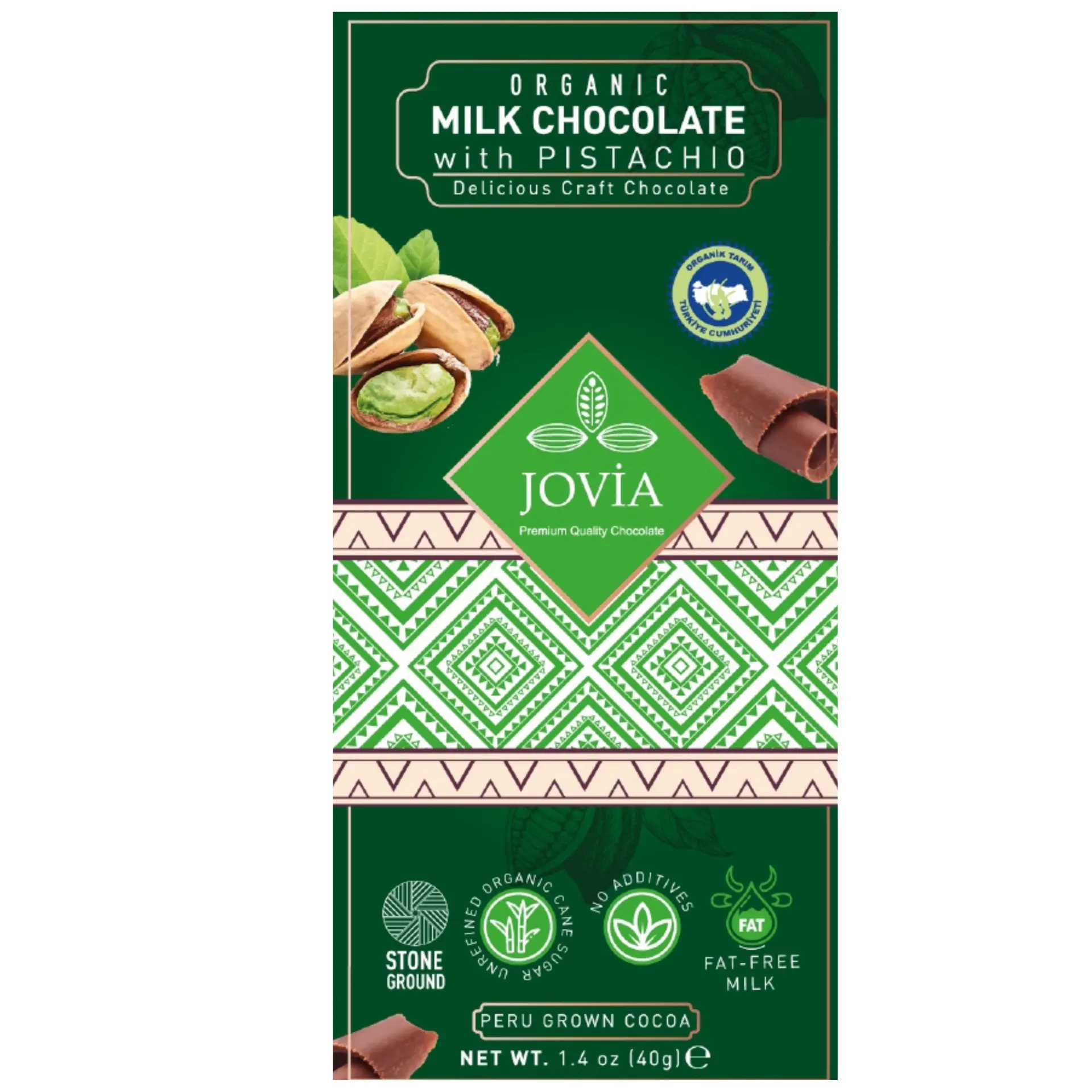 JOVİA ORGANİK SÜTLÜ ÇİKOLATA ANTEP FISTIKLI 40 GR